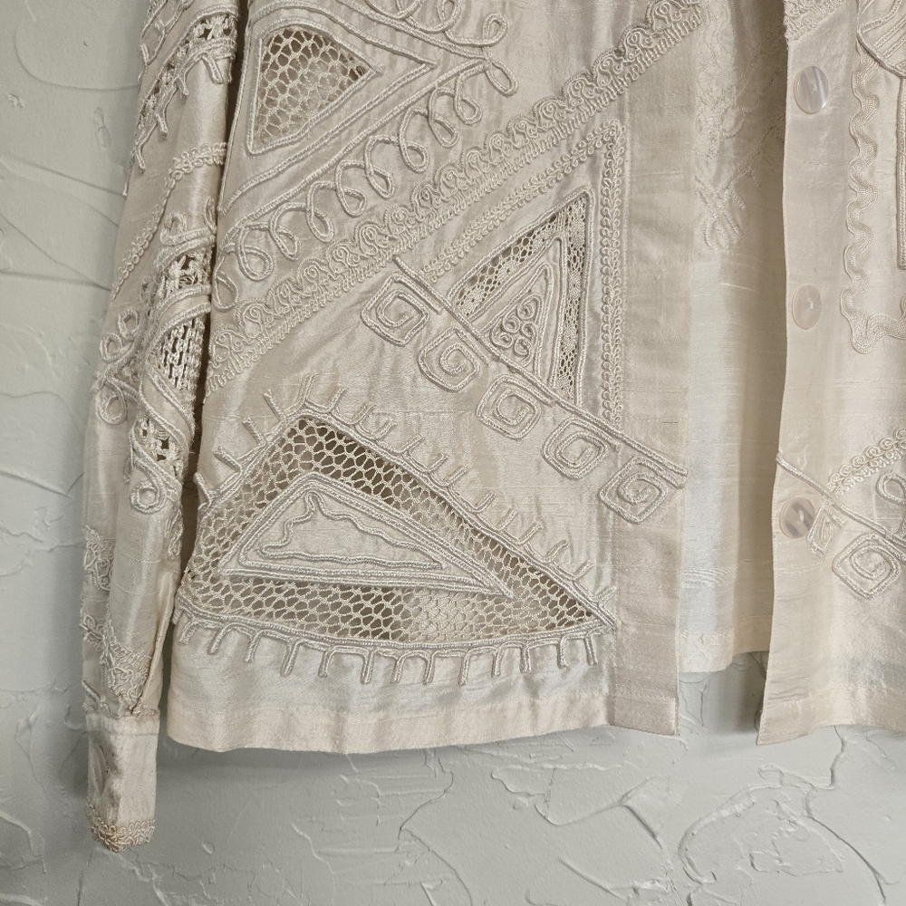 Vintage Silk Embroidered Lattice Cream Jacket, L - Picture 5 of 13